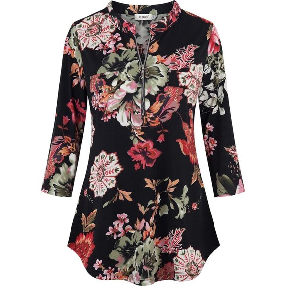 Womens  Black Armygreen Floral 3/4 Sleeve Shirts Zip V Neck Work Chiffon Top - Picture 2 of 5